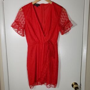 Eilly Bazar Red Chiffon V Neck Short Sleeve Mini Dress Size M